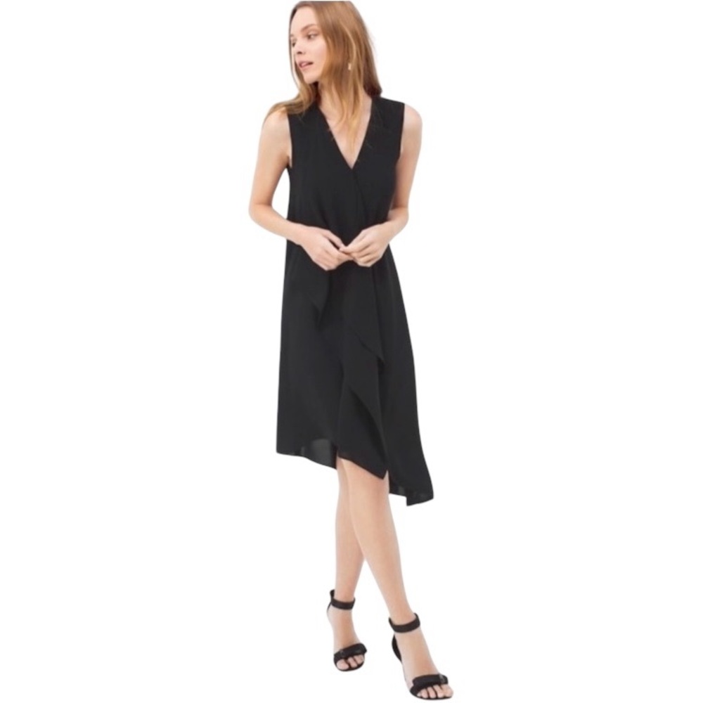 NWT WHITE HOUSE BLACK MARKET V-NECK RUFFLE FRONT BLACK MIDI DRESS SIZE 6